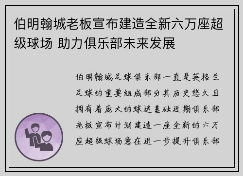 伯明翰城老板宣布建造全新六万座超级球场 助力俱乐部未来发展