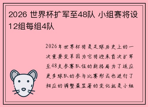 2026 世界杯扩军至48队 小组赛将设12组每组4队